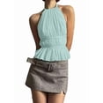 thumbnail image 4 of Open Back Halter Tops for Women Backless Ruched Ruffle Crop Tops Smocked Y2K Going Out Camisoles Light Green L, 4 of 9