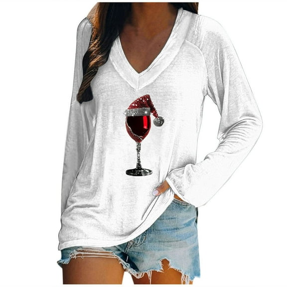 Kaemgyyd Cute Tops for Women Loose Casual Christmas Print Basic Tee Comfy V Neck Long Sleeve Shirt Trendy Fall Clothing