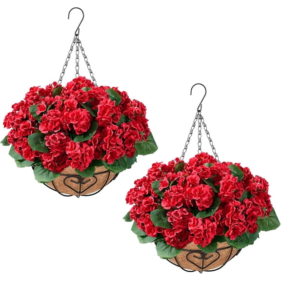Waipfaru 2 Pack Artificial Geraniums Hanging Basket,UV Resistant Faux Silk Flowers for Outdoors,Realistic Fake Hanging Plants for Home Garden Decor