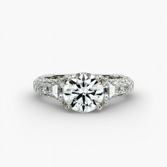 First Jewelry 2 Ct Round Cut Moissanite Engagement Ring - 14k White Gold Plated Moissanite Anniversary Ring - Solitaire Ring with Accent - Wedding Prong Setting Rings