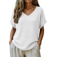 thumbnail image 2 of Diufon Womens Gauze Tops Summer Casual Short Sleeve V Neck Cotton Linen Blouse Solid Color Textured Tunic Tees, 2 of 8
