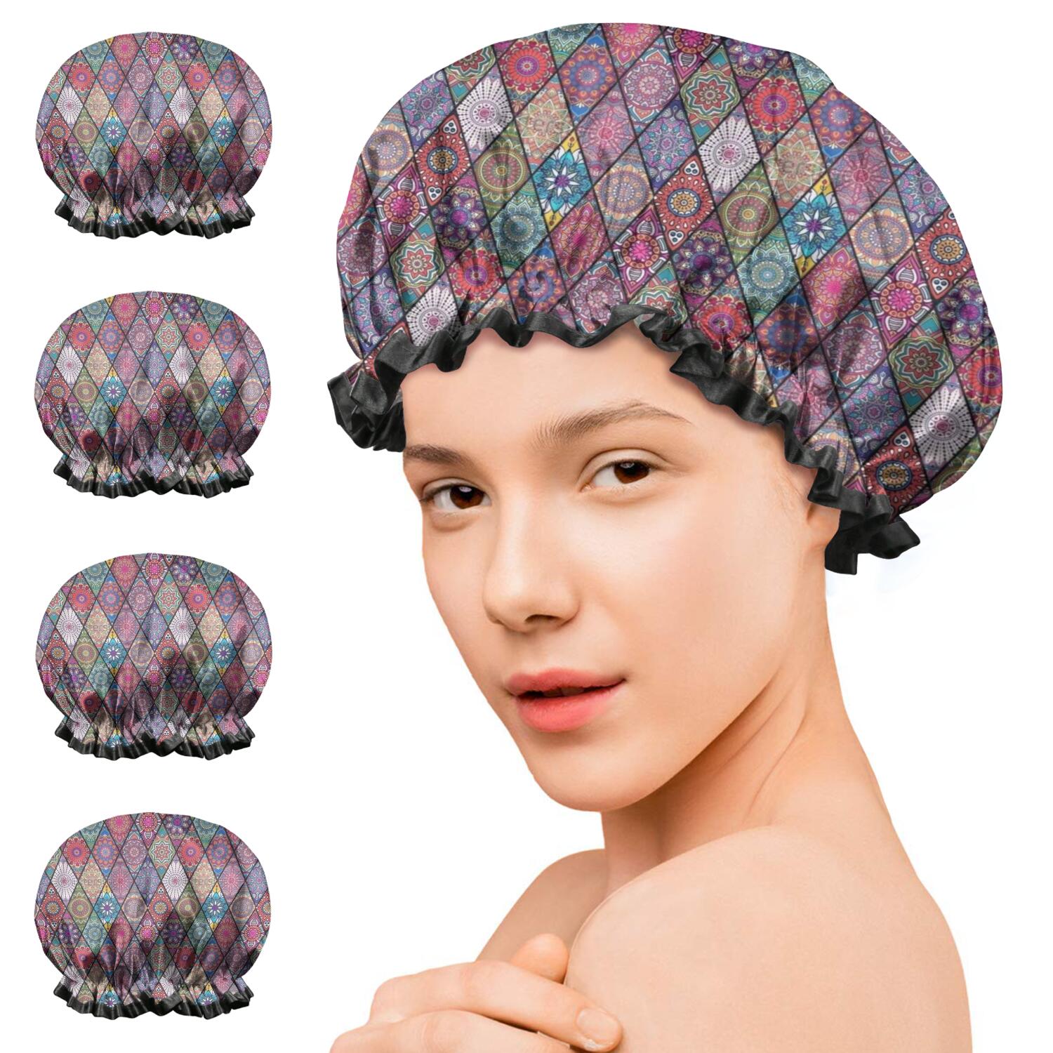 Shower Caps,Red Boho Ethnic Geometric Pattern Waterproof Shower Cap for Women 4 Pieces,Double Reusable Hair Cover for Shower PEVA Elastic Stretch Hem