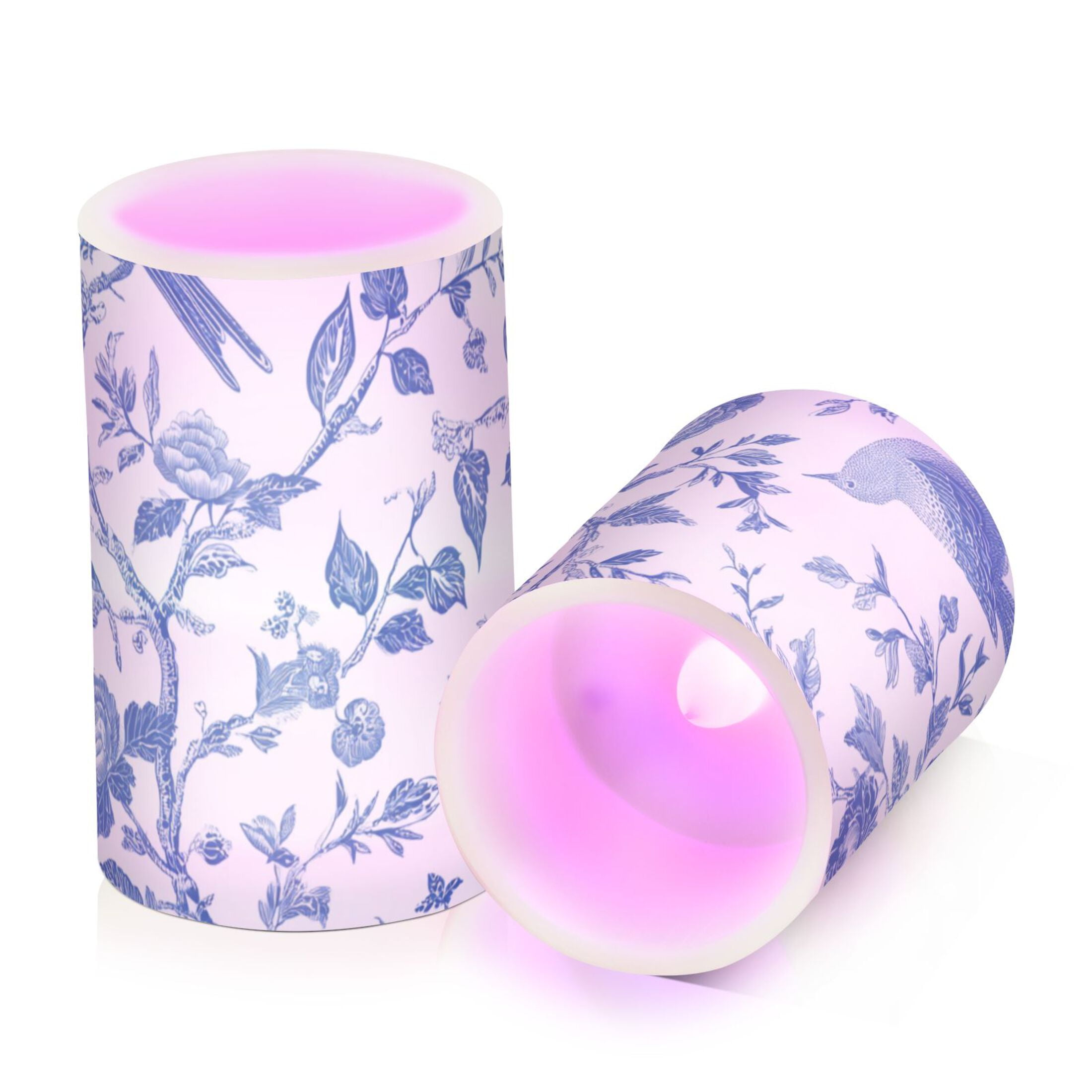 Blue Ink Birds Flowers Flickering Flameless Candles LED Tealight Battery Operated with Remote Set of 2 Holiday Decor Ornaments