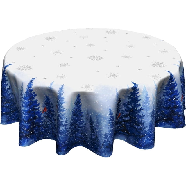 Winter Tablecloth Round - White Snow Snowflake Table Cloth 60 Inch Navy Blue Tree Birds Table Cover for Xmas Holiday Kitchen Dining Party