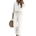 thumbnail image 4 of Bbyeadc Two Piece Linen Sets for Women Long Sleeve Collared Button Down Shirt Drawstring Wide Leg Pants Everyday Travel Sets,White (L), 4 of 5