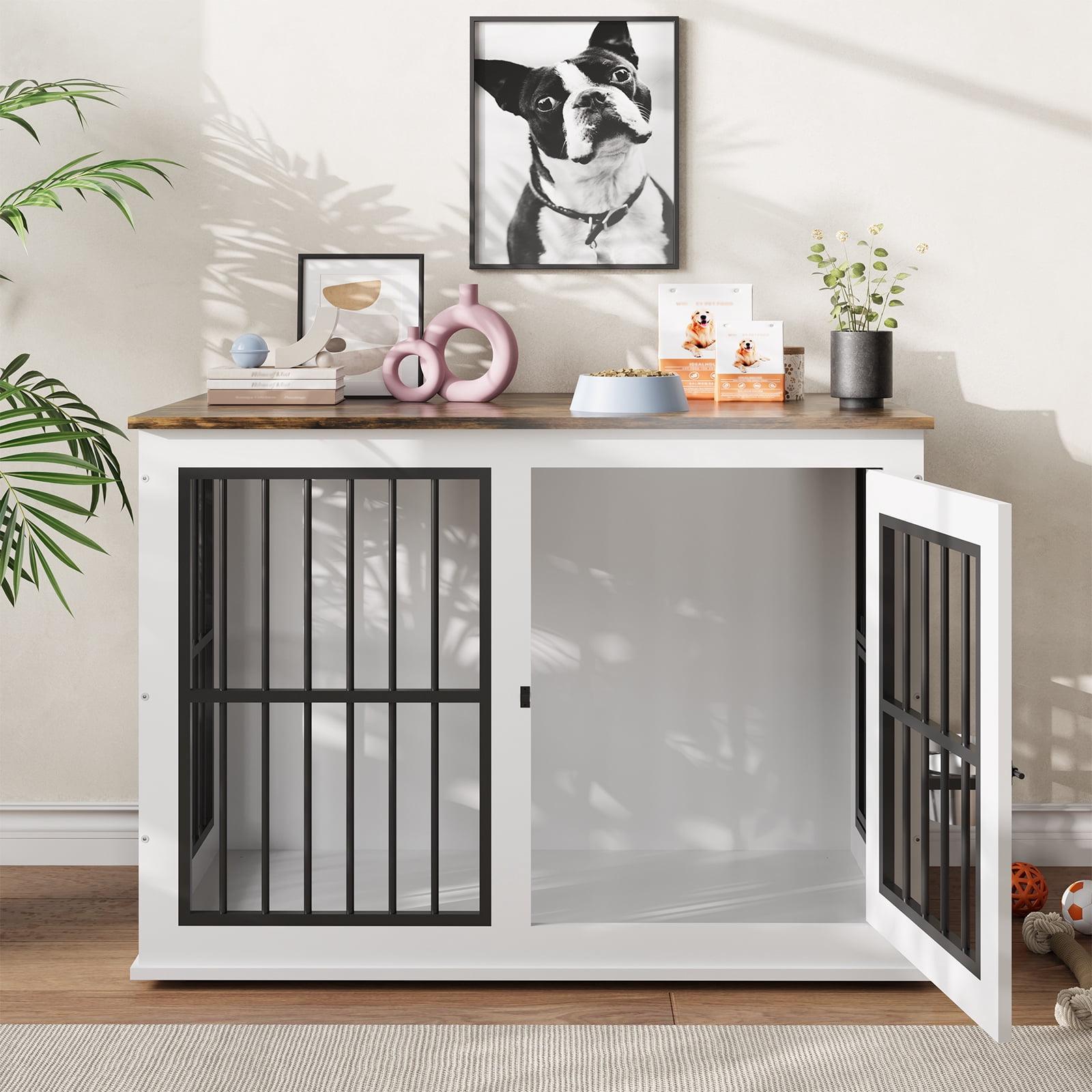 GARVEE 40" Wooden Dog Crate Furniture with Double Bowls, Indoor Pet Kennel & End Table for Medium to Large Dogs, White/Vintage