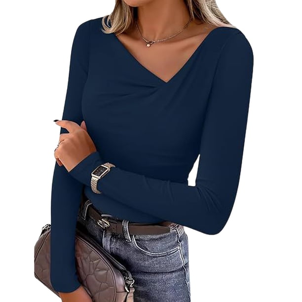 Camisa de Capa Base de Cuello en V de Color Sólido Casual de Manga Larga de las Mujeres con Poliéster Suave, Blusa de Manga Larga de Moda para Otoño Invierno Diario
