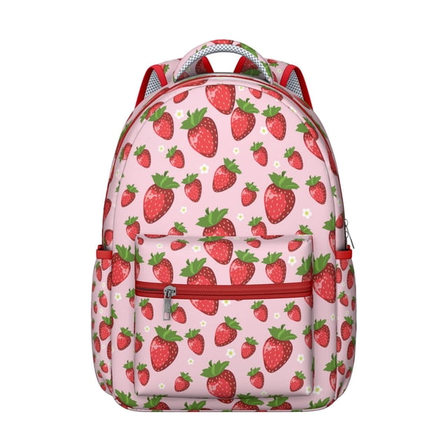Sac à Dos Mignon pour Étudiants Fraise Rouge Sucré Kawaii Fruité Sac d'École avec Motif de Baies Baies Fleurs, Durable et Léger