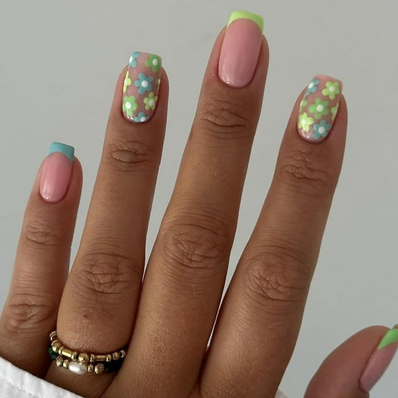 Floral Nails French Press on Nails Short Square Fake Nails Nude Pink Full Cover Glue on Nails Green Flower Designs False Nails for Women Girls 24 Pcs Spring Acrylic Nails Style 33 0.04 Fl Oz (Pack