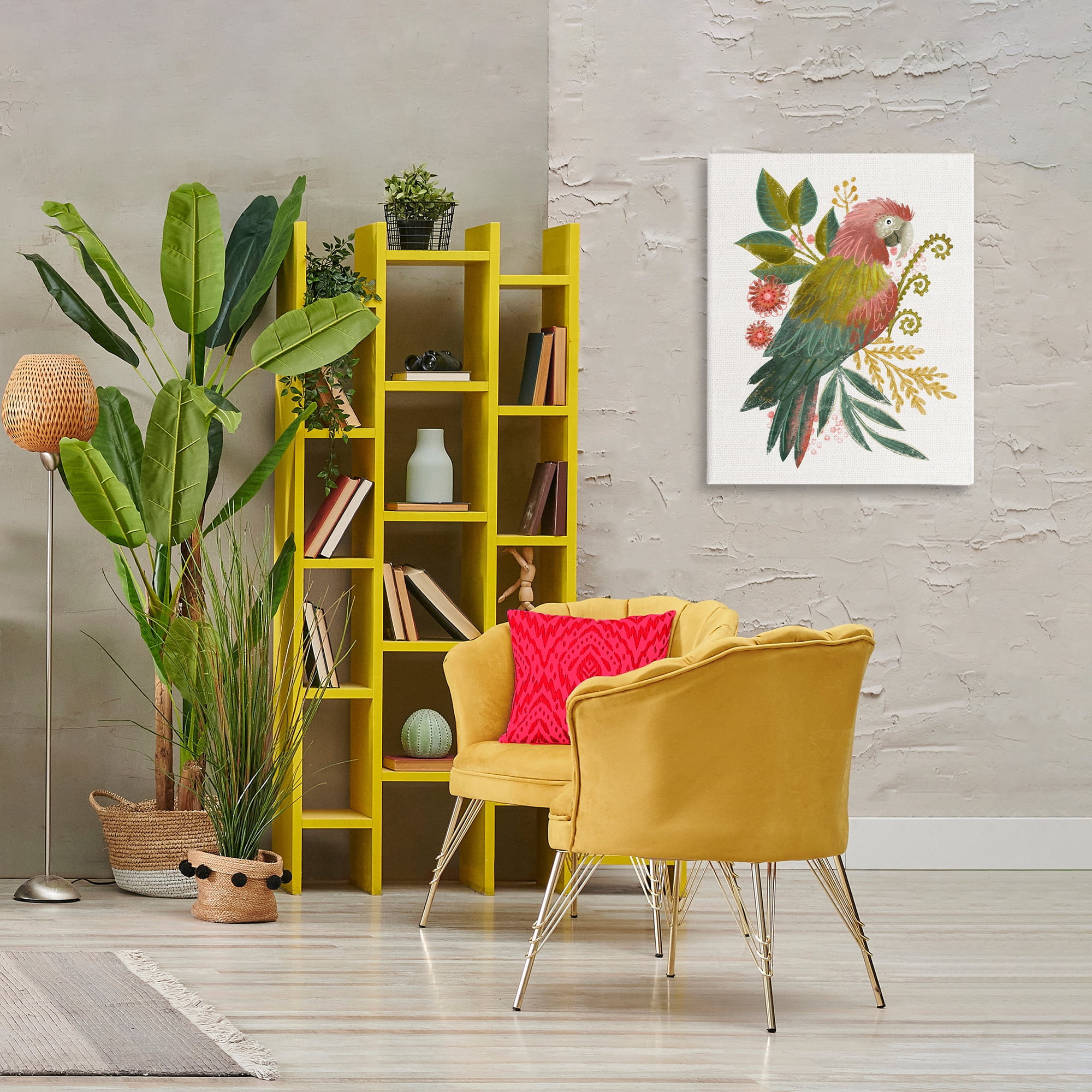 Stupell Industries Parrot with Eclectic Leaves Animals & Insects Painting Gallery Wrapped Canvas Art Print Wall Art, 24 x 30