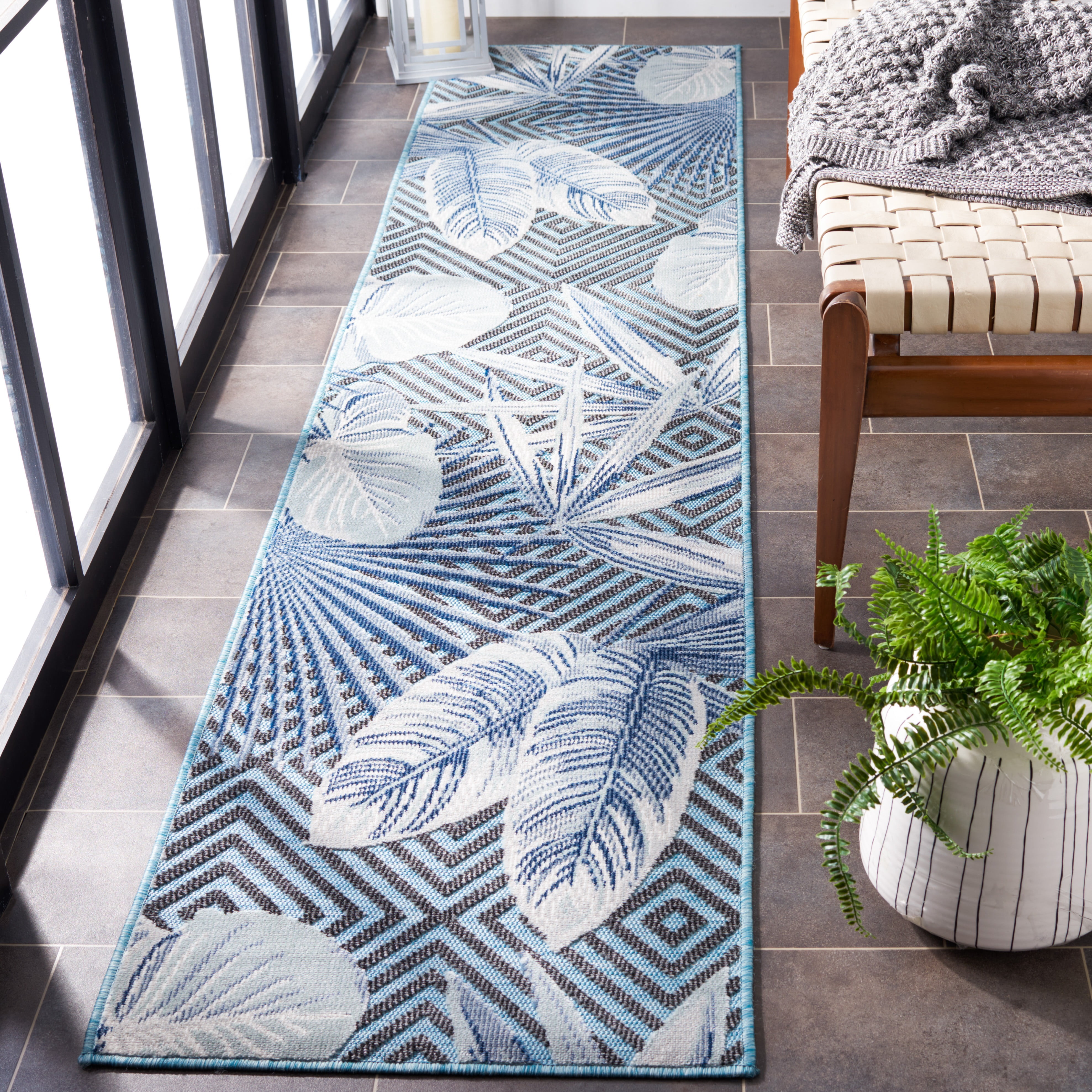 SAFAVIEH Cabana Salima Botanical Indoor/Outdoor Runner Rug, Aqua/Navy, 2' x 10'