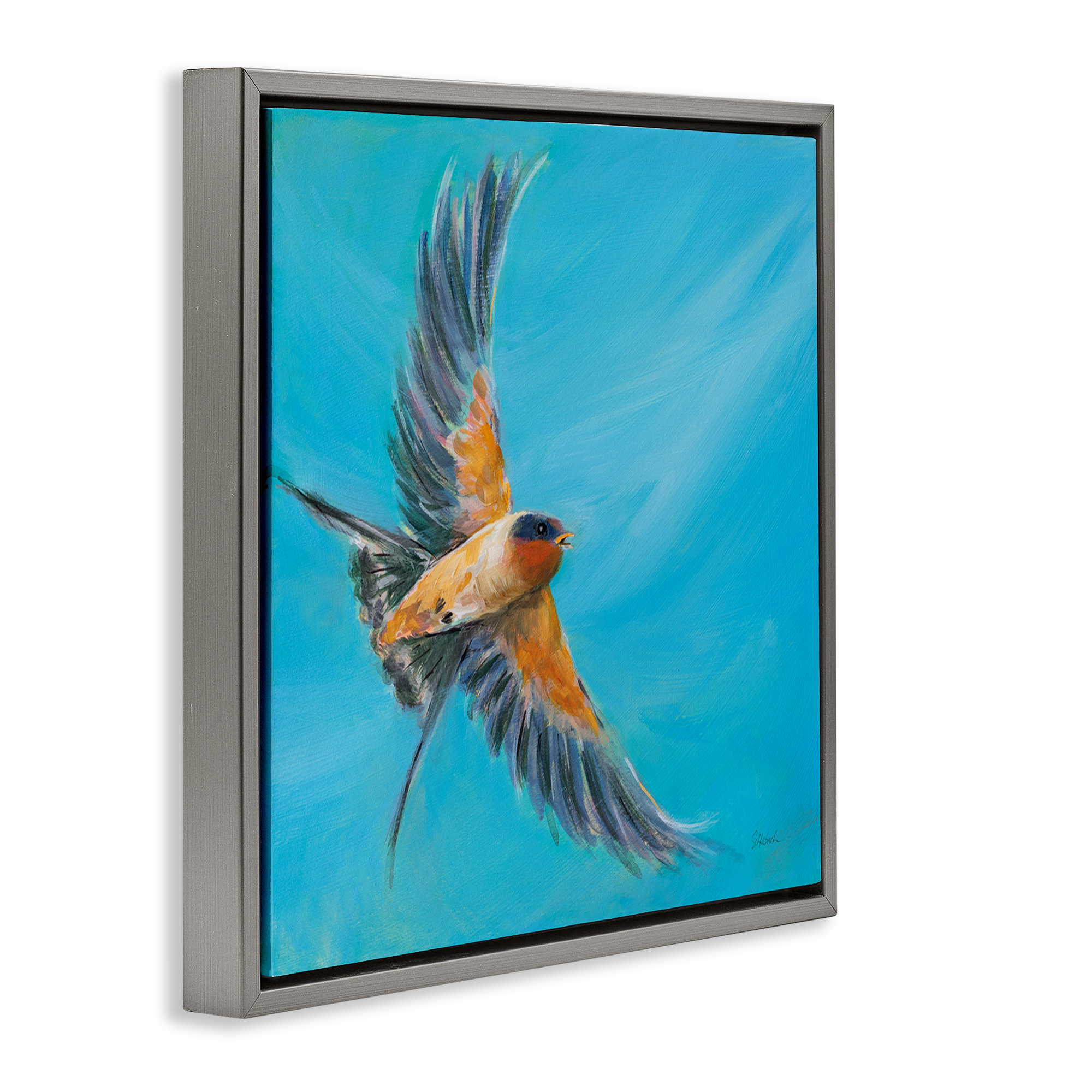 Stupell Industries Soaring Bird on Blue Animals & Insects Painting Gray Floater Framed Canvas Art Print Wall Art, 25 x 25