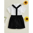 thumbnail image 6 of BemeyourBBs Baby Boy Formal Gentleman Wedding Outfit Christening Baptism Outfits Cotton Linen Summer Dress Clothes Short Sleeve Button Down Lapel Bowtie Bodysuit Shirts Suspender Shorts Set, 6 of 9