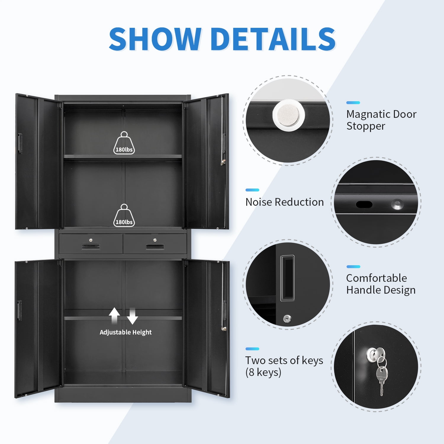 Cjf 71 in Tall Lockable Steel Cabinet with 2 Drawers & Adjustable Shelf, Multipurpose Metal File Cabinet for Home, Office, Garage, Kitchen