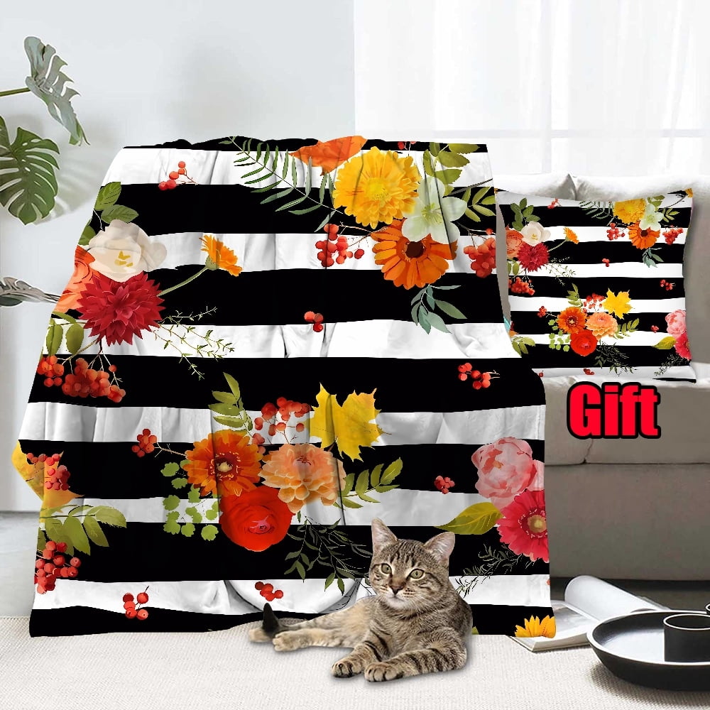 Striped Floral Print Throws Blanket With Pillow Cover Bed Sofa Living