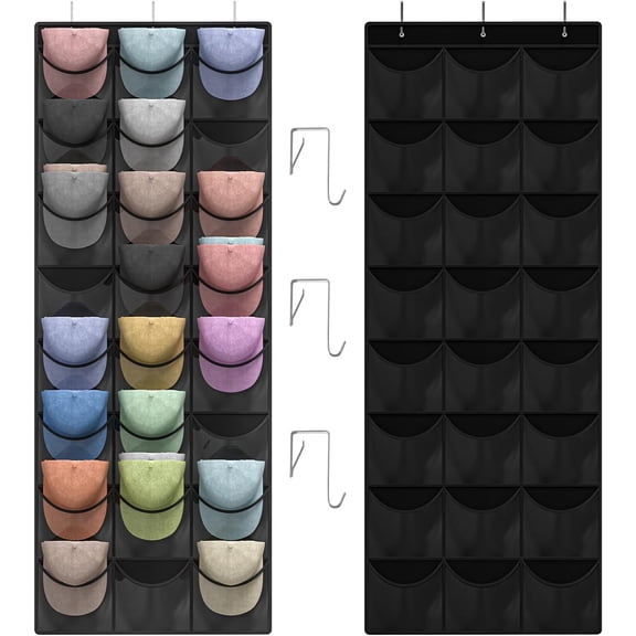Hat Organizer Racks for Baseball Caps, 24 Deeper Pockets Baseball Hat Rack, Cap Rack, Hat Rack for Door with 3 Hooks