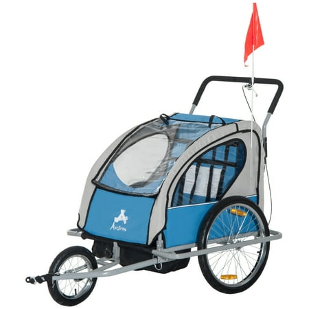 UPC: 0610708992035 | Aosom Elite 2-In-1 Double Child Two-Wheel Bicycle Cargo Trailer And Jogger With 2 Safety Harnesses – Blue