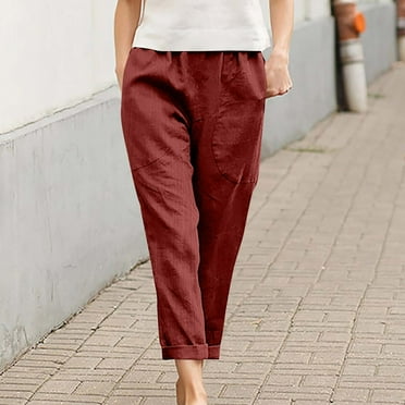 Karight Womens Casual Cotton Tapered Capri Cargo Pants Loose Elastic Waist Ankle Cropped Trouser with Pockets