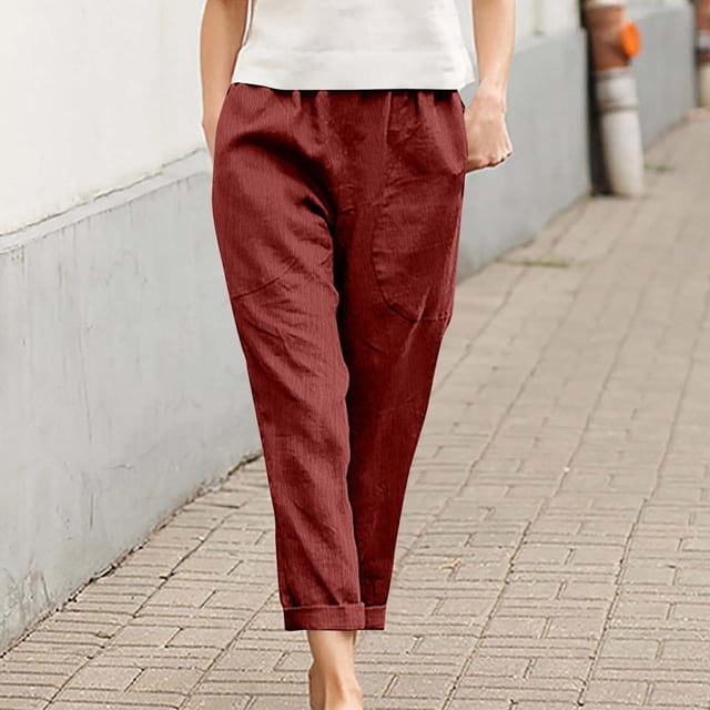 Karight Womens Casual Cotton Tapered Capri Cargo Pants Loose Elastic Waist Ankle Cropped Trouser with Pockets