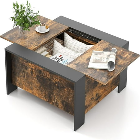 

Square Farmhouse Coffee with Hidden Wood Center with Sliding Top 5 Support Feet Rustic Extendable Cocktail Room Office (Rustic Brown Retro)
