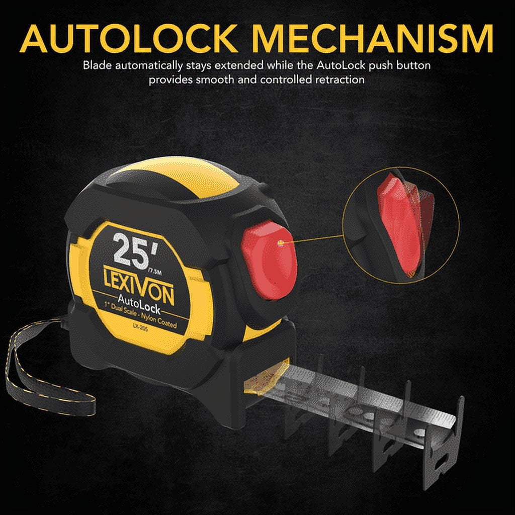LEXIVON [3-Pack] 25Ft/7.5m AutoLock Tape Measure | 1-Inch Wide Blade with Nylon Coating, Matte Finish White & Yellow Dual Sided Rule Print | Ft/Inch/Fractions/Metric (LX-205X3)