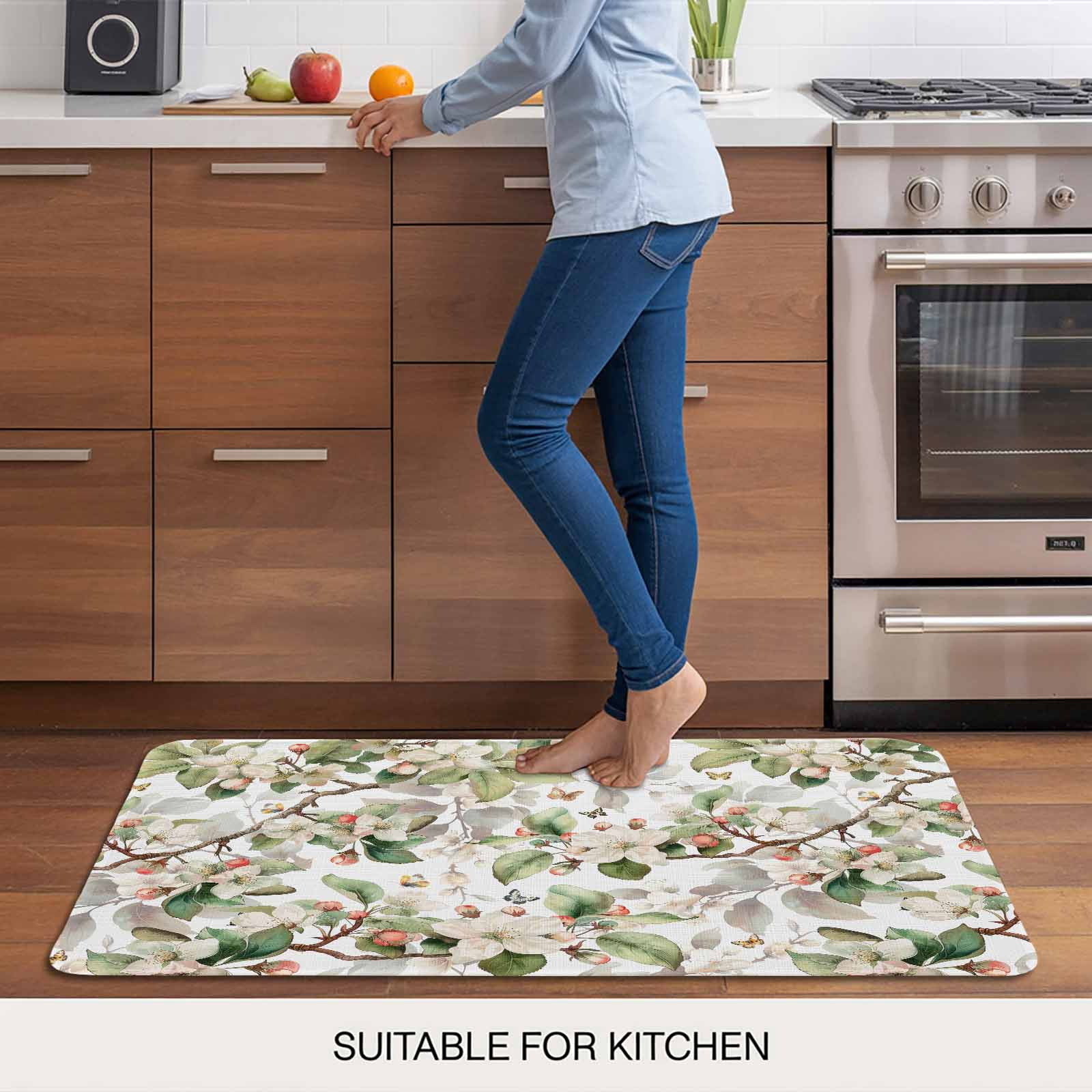 Spring Floral Doormat Outdoor Entrance 24"x36", Green Botanical Flowers Watercolor Absorb Moisture Dirt Door Mats, Non-Slip Rubber Backing Floor Mats Indoor, Low-Profile Front Door Rugs
