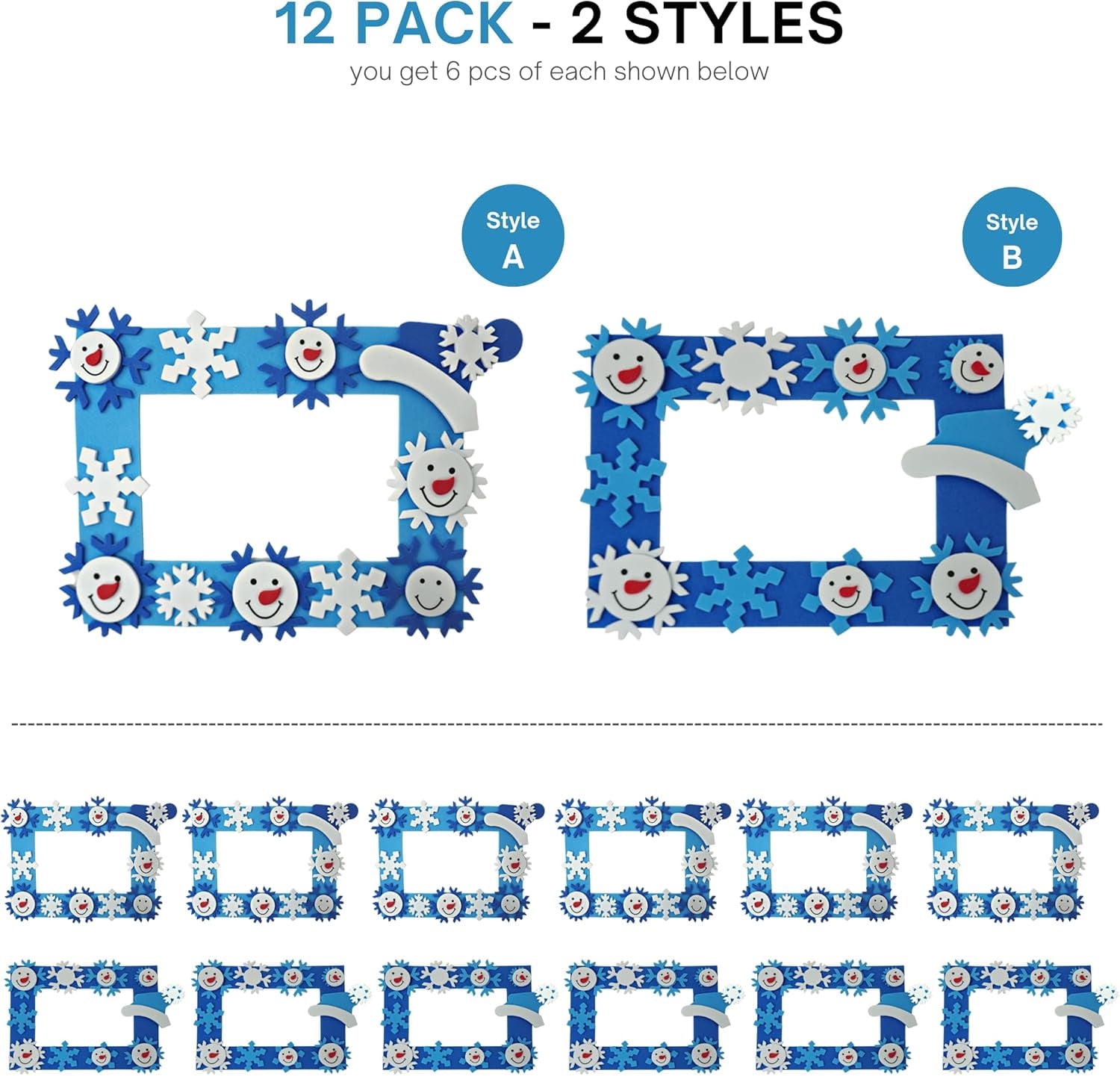 4E's Novelty Foam Snowflake Picture Frame Craft 12 Pack – Christmas Winter Arts & Crafts Kit for Kids Toddlers 3-12, Classroom DIY, Individually Wrapped