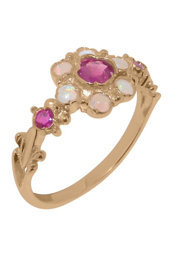 LBG British Made 9k Rose Gold Natural Ruby & Opal Womens Engagement Ring - 33 size options - Size 4.5