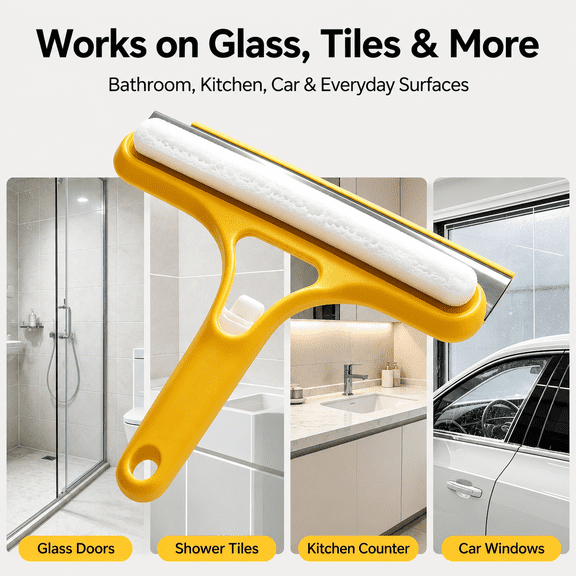 3-in-1 Window Cleaning Tool with Spray, Scrub Pad and Squeegee, Handheld Glass Cleaner for Windows, Mirrors, Shower Doors and Car Windshields