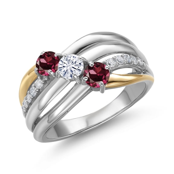 Gem Stone King 925 Silver and 10K Yellow Gold Red Rhodolite Garnet and Moissanite and Lab Grown Diamond Engagement Ring for Women | 1.12 Cttw | Round 4MM | January Birthstone | Size 6