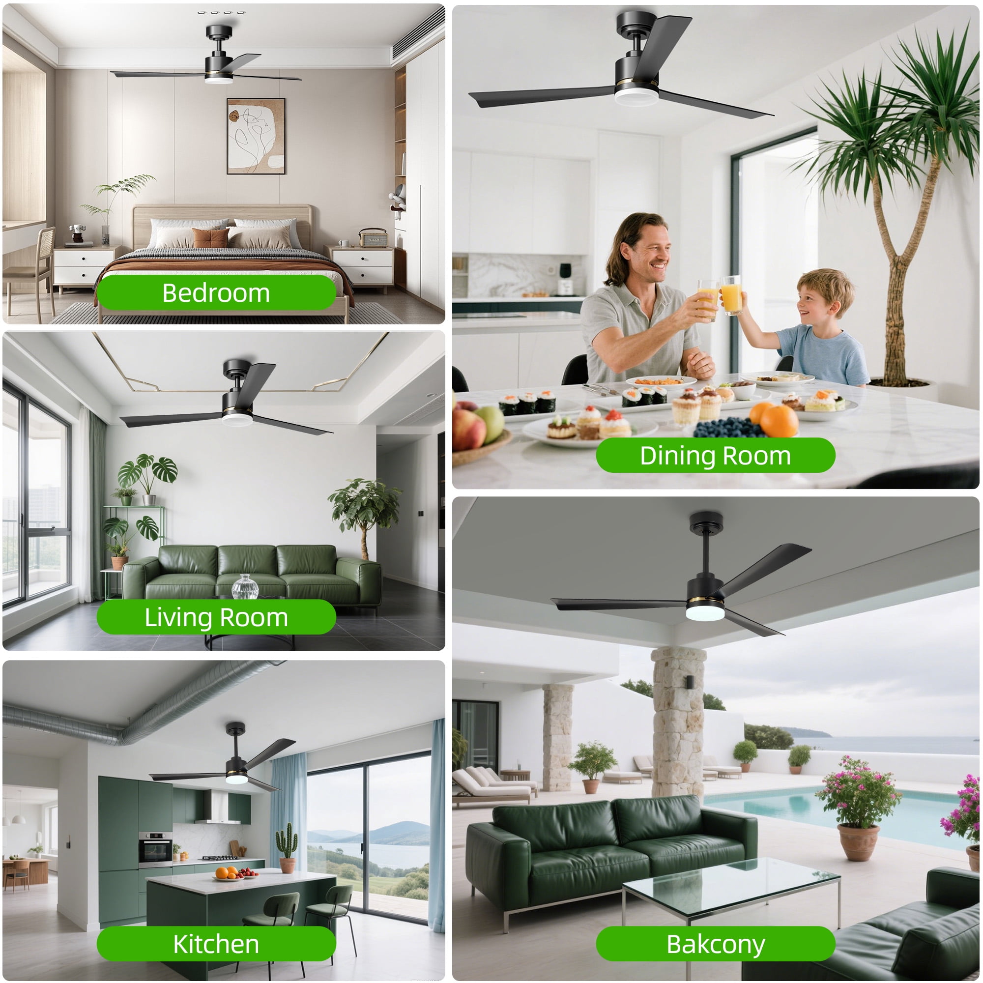 KISSAIR 52 In Ceiling Fan with Light and Remove Control 6 Speeds & Reversible DC Motor,3 Color Dimmable LED, Ultra Quiet 45dB, Timer Function (Black)