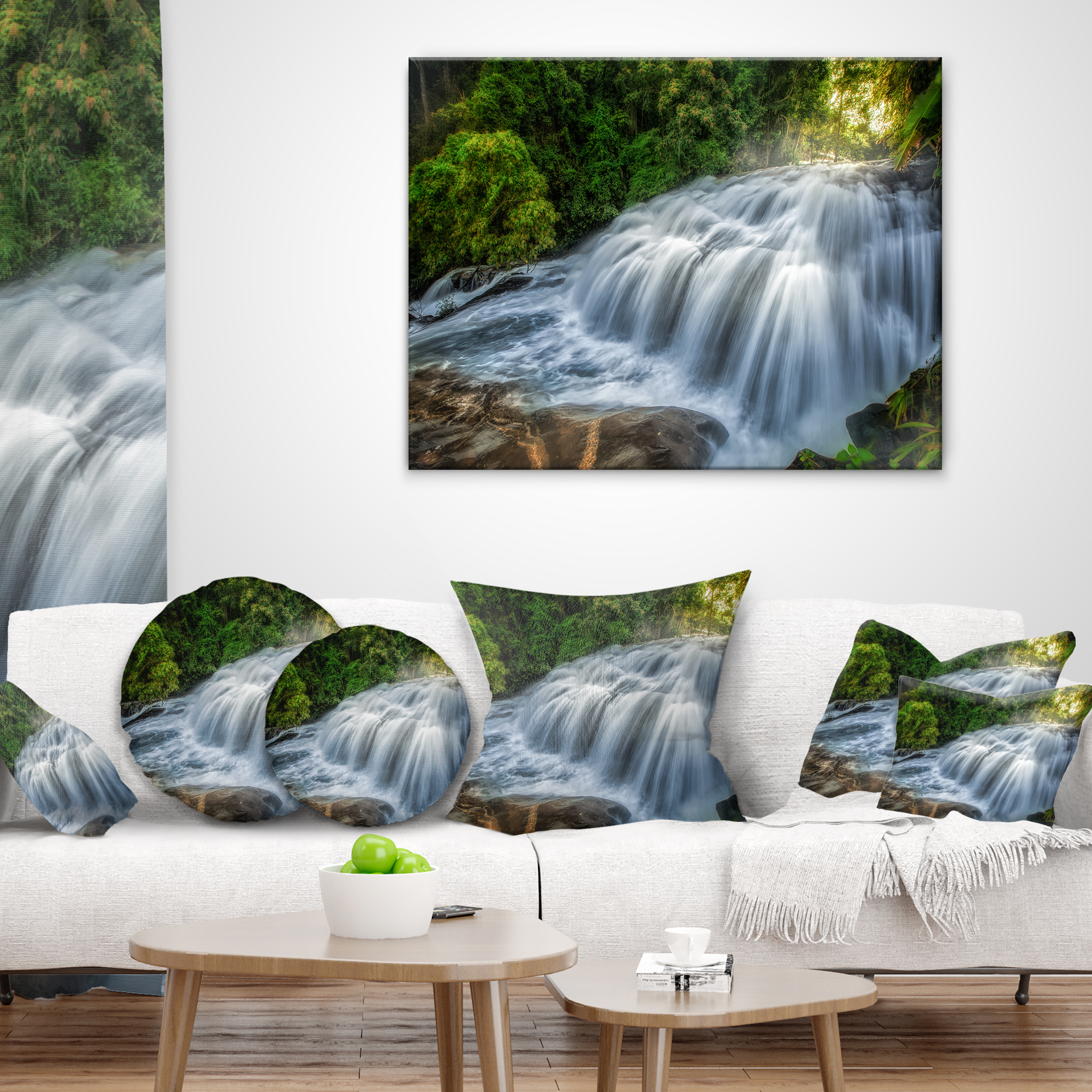 Designart Flowing Pha Dokseaw Waterfall - Landscape Photography Throw Pillow - 12x20