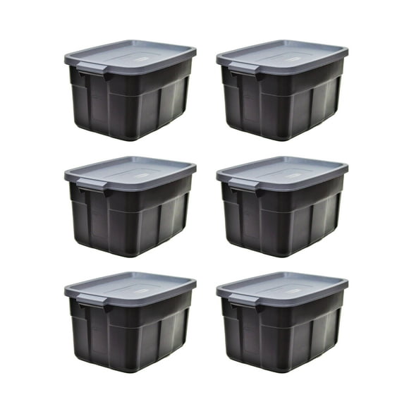 Rubbermaid Roughneck Tote 14 Gal Storage Container, Black/Cool Gray, 6 Pack