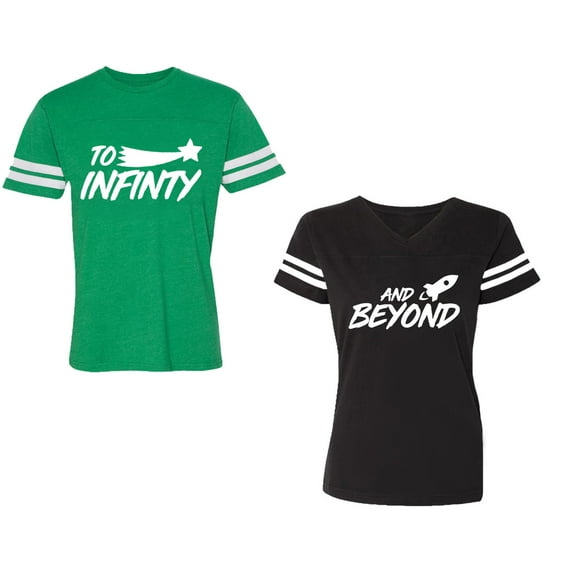 To Infinity and BeyondUnisex Couple Matching Cotton Jersey style T-Shirt Contrasting stripes on sleeves (Men Green / Women Black) (Men S / Women S)