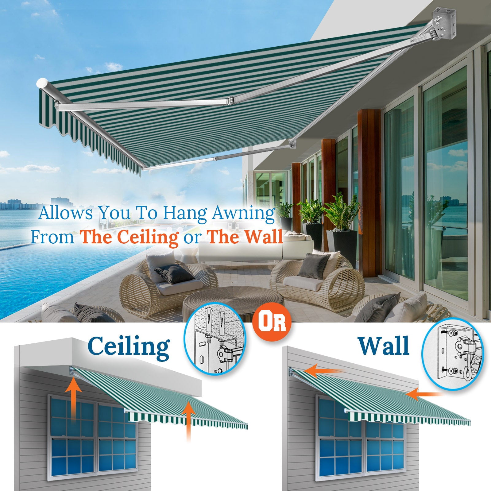 SUNNYOUTDOOR 12x10 FT Patio Awning Retractable Outdoor Sun Shade Manual Patio Deck Awning Heavy Duty Awning (Green with white)