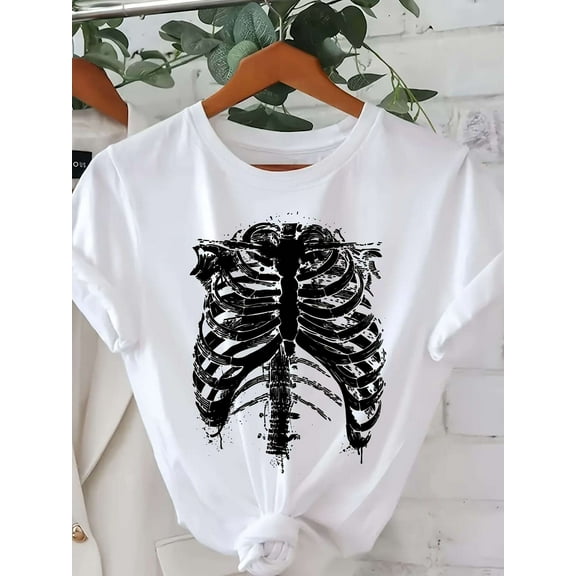 Women's Halloween Skeleton Print T-Shirt - Casual Crew Neck, Short Sleeve Top, Breathable 100% Cotton, Machine Washable, Loose Fit, Random Print, Sizes S-3XL, Perfect for Halloween