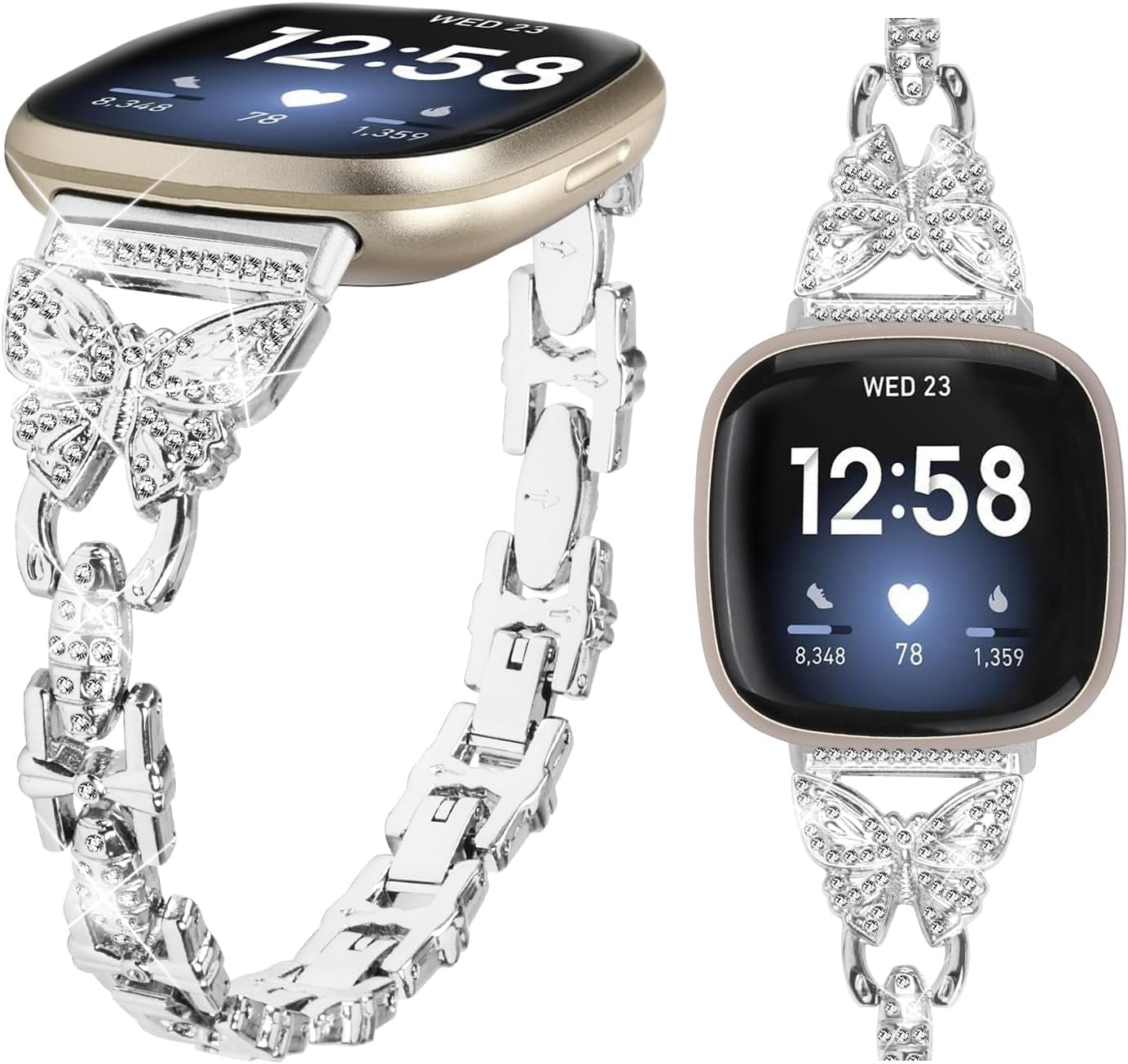 REQO Bling Bands Compatible with Fitbit Versa 4/Sense 2/Versa 3/Sense, Shinny Metal Bracelet Straps Luxurious Rhinestone Replacement Wristband for Women