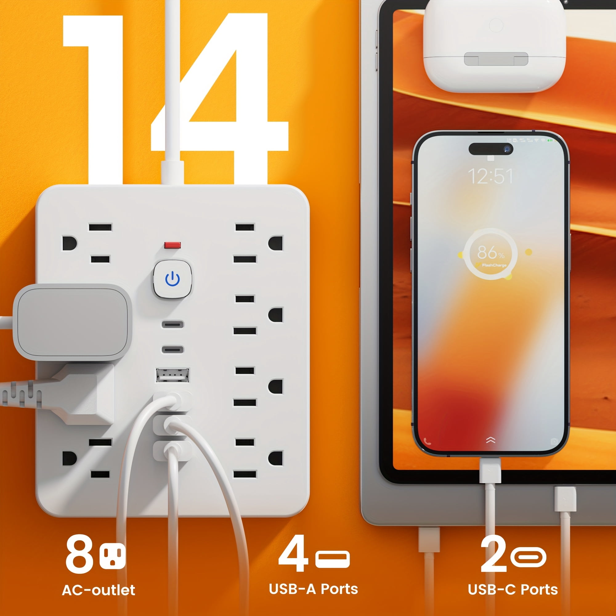 14-in-1 Power Strip: 8 AC Outlets, 6 USB Ports (2 USB-C), Surge Protector, Flat Plug, Wall Mount, Overload Protection, 5ft/10ft Cord for Home Office