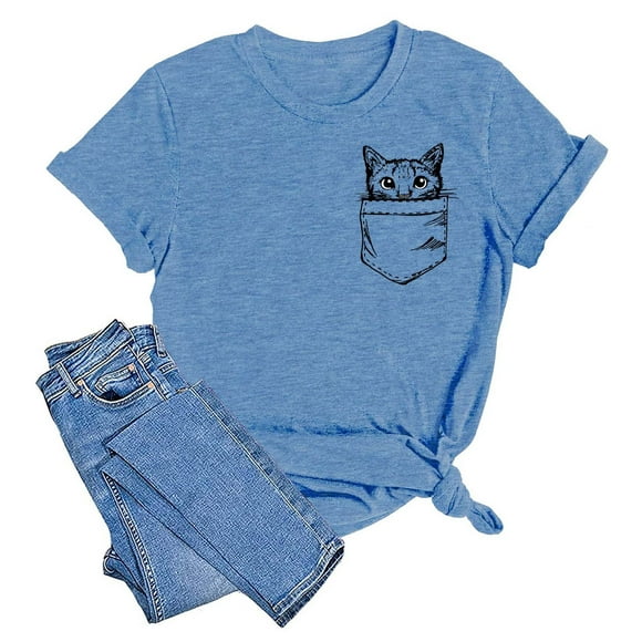 TSADFHJI Women Tops Trendy 2024 Cat Mom Shirts for Women Cat Mama T Shirts Pet Lover Shirts Funny Cat Graphic Tees Shirts Xxxl Light Blue