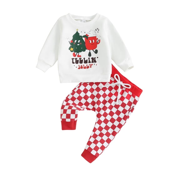 Bslissey Toddler Baby Boys Christmas 2Pcs Outfits Long Sleeve Tree Letter Print Sweatshirt   Checkerboard Long Pants 3M-3T Infant Casual Daily Clothes