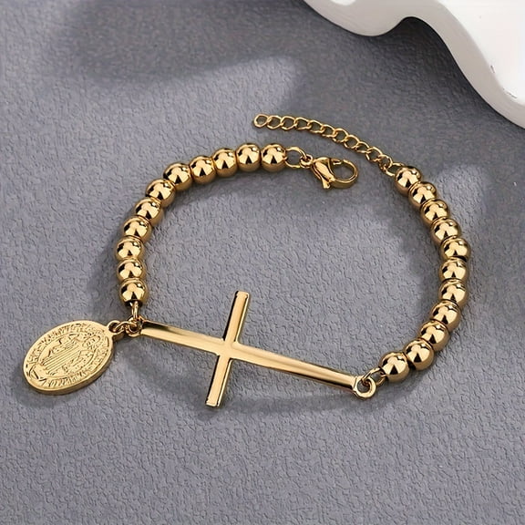14K Yellow Gold Catholic Rosary Bead Cross Bracelet Saint Benedict Virgin Mary Charm Men Women Religious Jewelry