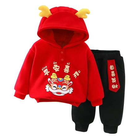 

Virmaxy Toddler Baby Boys Girls Warm Dragon Year Printed Hoodies Set Fashion New Year s Eve Clothing Long Sleeve Hooded Sweatshirt Pants Set Red-A 18-24 Months