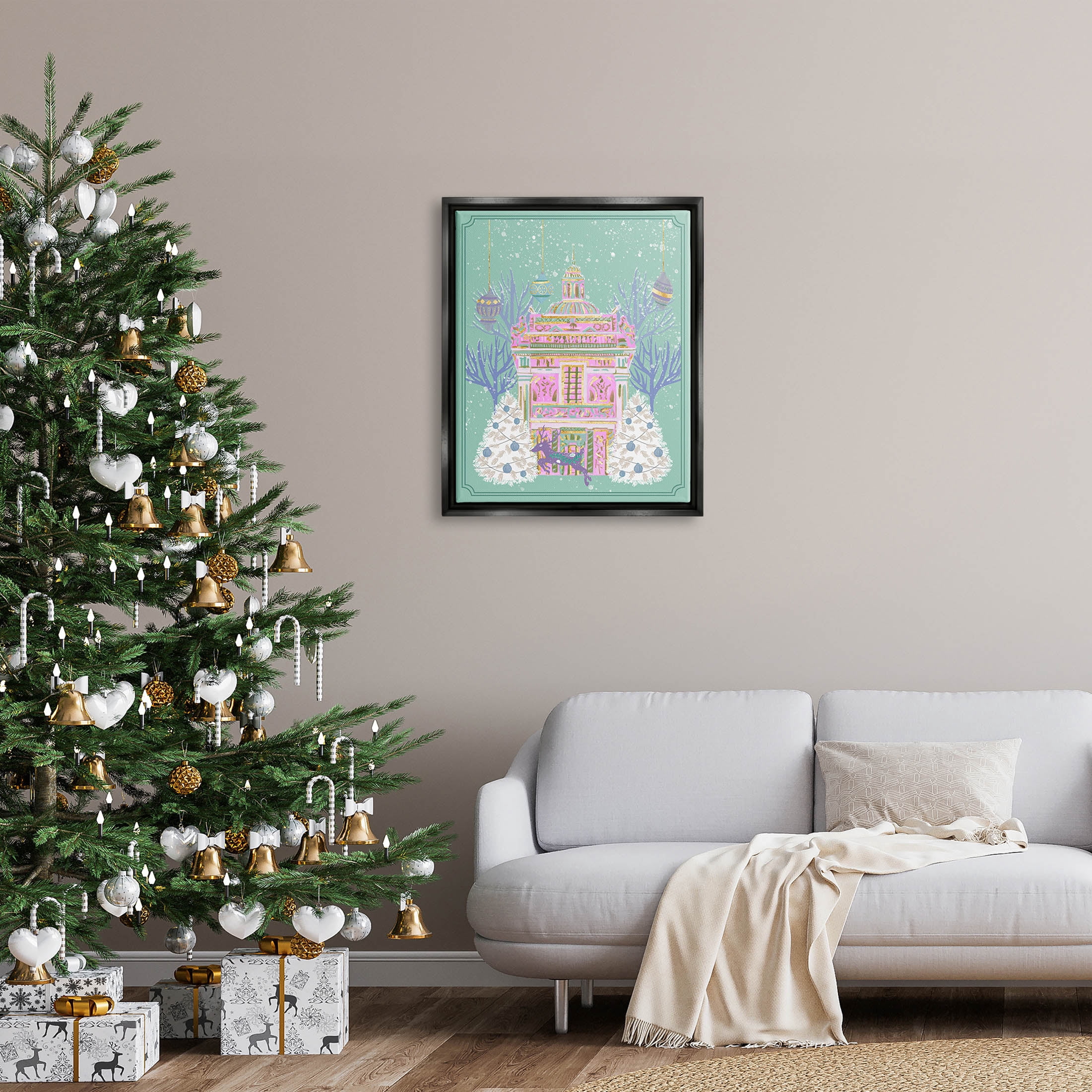 Stupell Industries Pink Ornate Christmas Building Graphic Art Jet Black Floating Framed Canvas Print Wall Art, Design by Melissa Wang