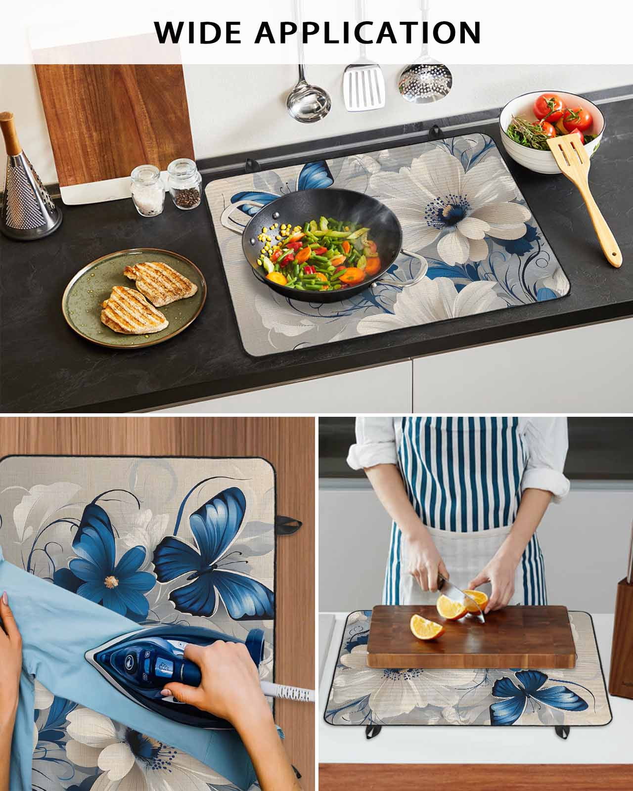 nqOlkjepod Large Induction Cooktop Protector Mat 36"x21", White Blue Flowers Stove Top Covers for Electric Stove, Vintage Elegance Butterfly Floral Stove Burner Cover Mats, Glass Top Stove Cover