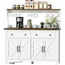 HAUXITIO Storage Cabinet Buffet with Drawers and Charging Station,Coffee Bar Cabinet Sideboard with Barn Doors,Wine Rack and Hooks,White1