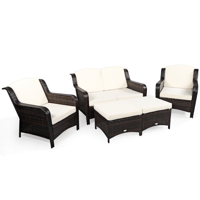 Patiojoy 5 PCS Patio Rattan Sectional Sofa Set Outdoor Furniture Conversation Set Cushioned Loveseat Sofa Ottoman White