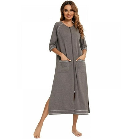 

TOPWONER Women Long House Coat Zipper Front Robes Full Length Nightgowns with Pockets Solid Color Loungewear S-XXL