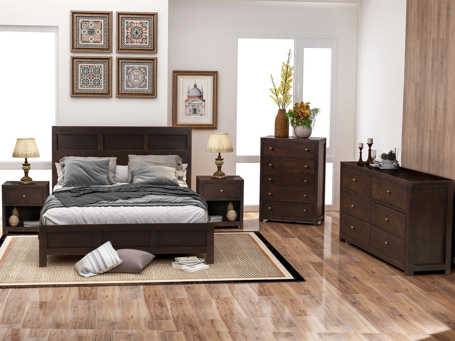 Classic 5 Pieces Bedroom Furniture Set, Queen Size Platform Bed Frame with  Headboard Set of 5 Wooden Furniture Set with Queen Bed Frame + Nightstand*2  + 6 Drawer Dresser + 5 Drawer Chest, Rich Brown 