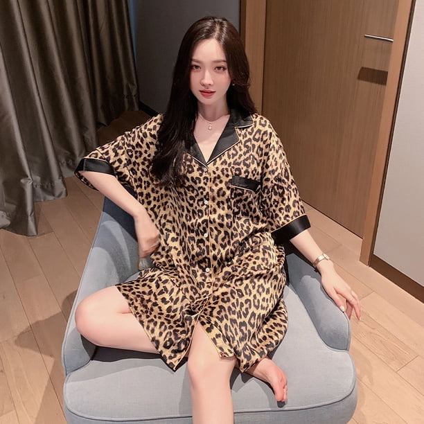 Camisón con solapa para mujer, cárdigan con estampado de leopardo, falda de seda satinada, vestido de noche a la moda