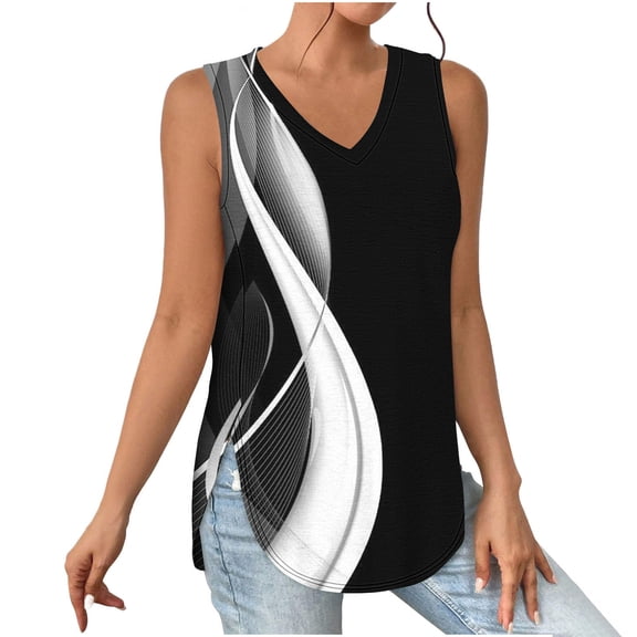 Tbopshirt Tank Tops for Women,Womens tops,Womens Tank Summer Printed Sleeveless V-Neck Slitted Casual Blouse tops,T-shirt Vest Tee Blouse,Womens Fashion
